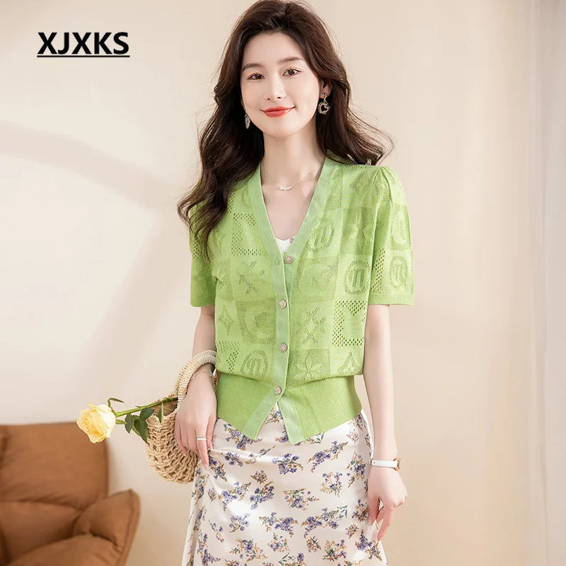

XJXKS 2023 Summer New High-quality Mulberry Silk Knit Short-sleeved Single-breasted Cardigan Tops Women's T-shirt