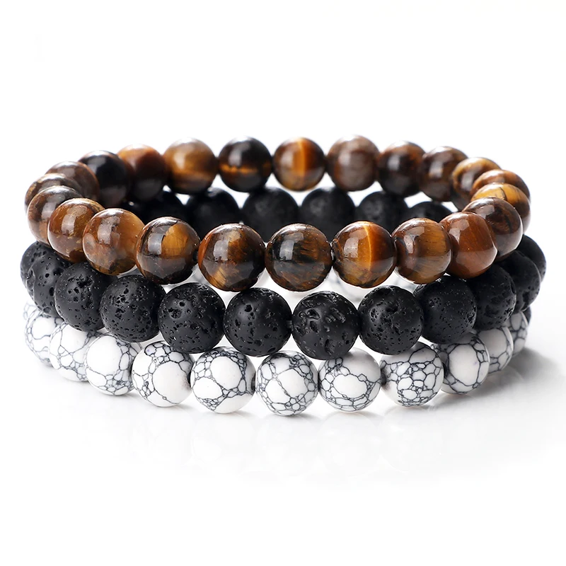 Tiger Eye Bracelet For Men, 8MM Natural Stone Bead Bracelet Set, Lava Stone Stretch Bracelets, Adjustable Black Crystal Beads Bracelets, Gifts For Men, Stone, No Gemstone