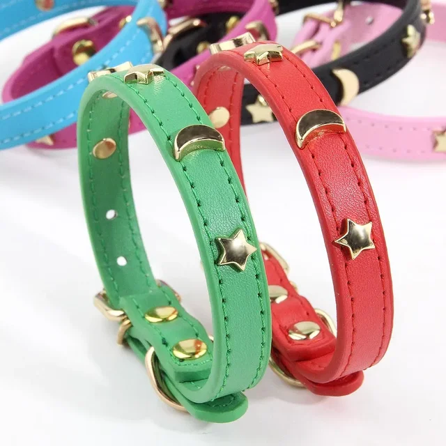 Cute Cat Collar Soft Leather Pet Collars For Small Dog Kitten Puppy Necklace Cat Accessories  Star Moon Rivets Decoration XS-M 3