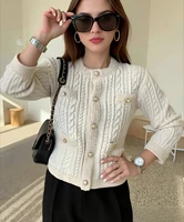 Short pearl button small fragrance o neck elegant women's knit cardigan spring autumn Korean fashion Fried Dough Twists sweater