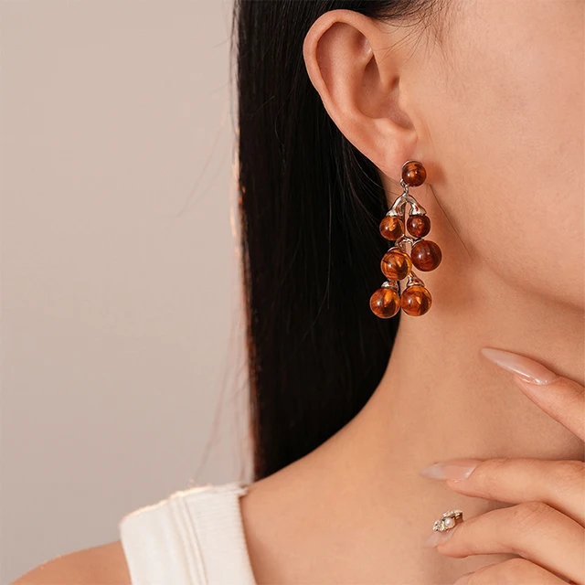 Round Cluster Brown Resin Grape Post Earrings For Women