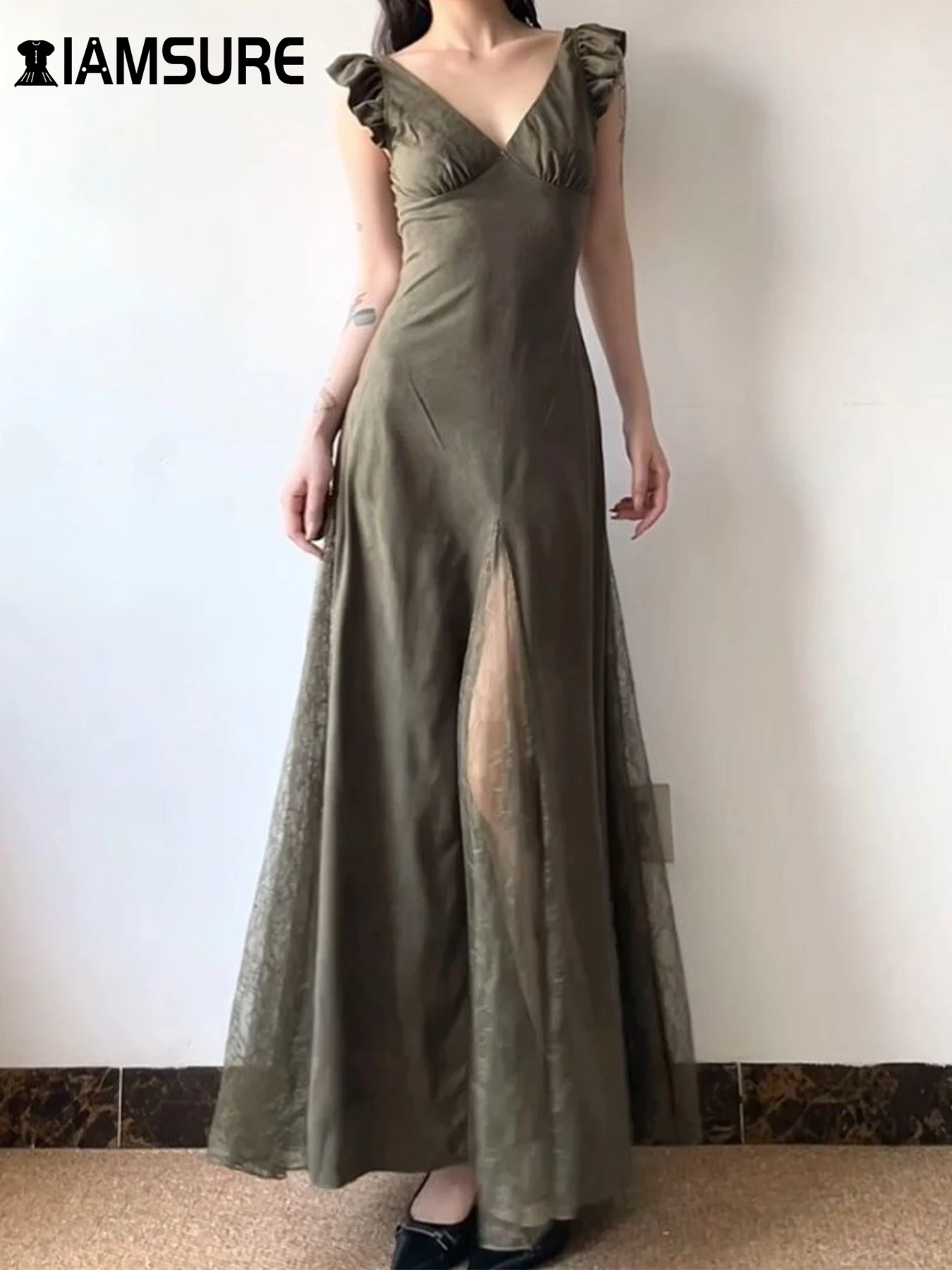 

IAMSURE Elegant Fashion Patchwork Lace A-Line Dress Sexy Slim Deep V-Neck Short Butterfly Sleeve Maxi Dresses For Women 2024