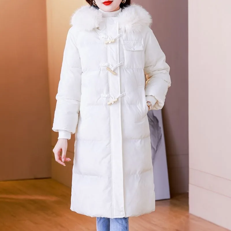 2023 New Women Down Cotton Coat Winter Jacket Female Mid-length Over Knee Parkas Thicken Outwear Big Fur Collar Hooded Overcoat white fur collar down cotton parkas padded coat women winter 2023 new fashion long over the knee waist warm thick parkas coat