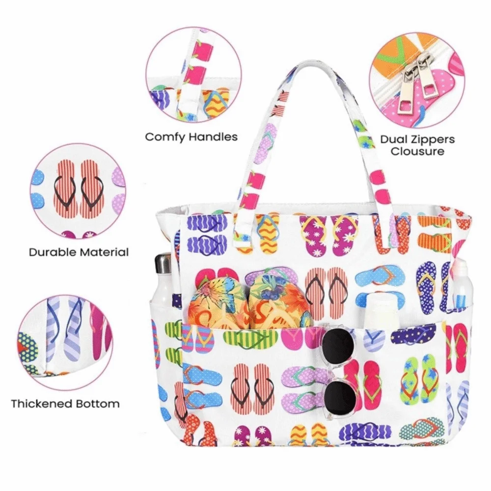 Strandtasche mit mehreren Taschen, faltbar, großes Fassungsvermögen, für Fitness, Lebensmittel, Urlaub, sanddicht, mit Reißverschluss, Umhängetasche – Detail 2