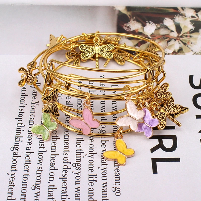 Juego de pulseras de alambre ajustable para mujer, brazalete de Color dorado de 5 piezas, joyería de moda, regalo, C042