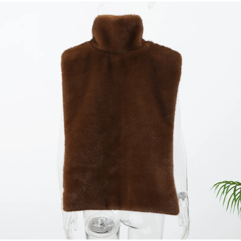 Women Solid Stand Collar Faux Fur Vest Chic High Collar Sleeveless Loose Short Waistcoat Casual 2025 Lady Daily New Street Vests