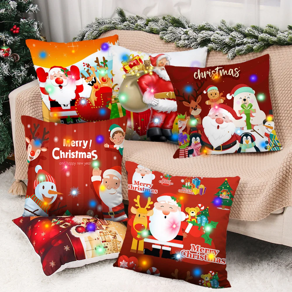 

LED Retro Santa Claus Christmas Lights 2024 Pillow Cases Home Decor Bedroom Living Room Sofa Polyester Cushion Pillowcases