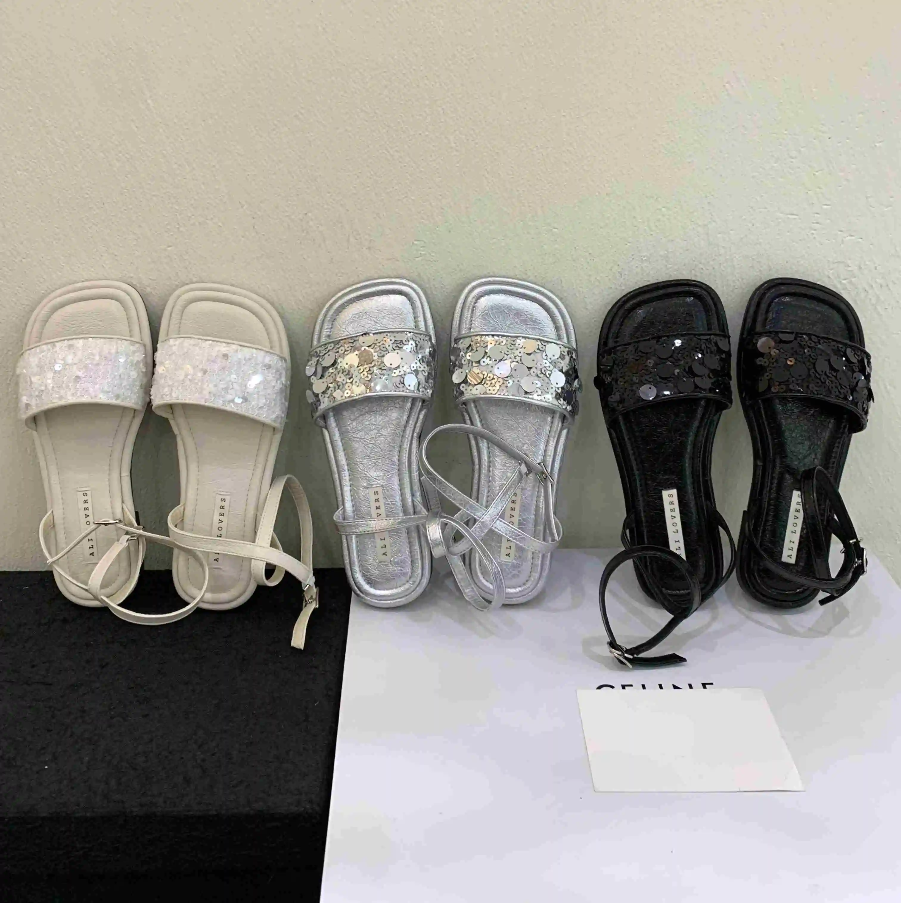 Women's Flat Slip On Sandal With Ankle Strap Crystal Rhinestone Comfort Summer Shoes