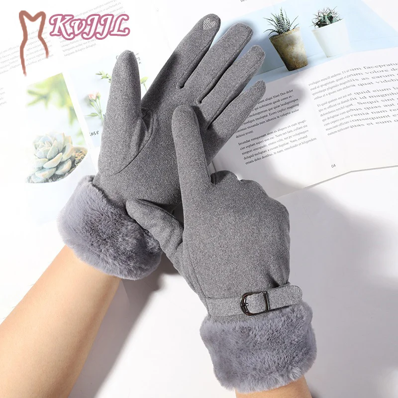 

Winter Female Cashmere Warm Suede Leather Cycling Mittens Double Thick Velvet Plush Wrist Women Touch Screen Driving Gloves