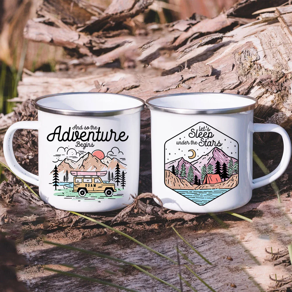 Adventure Camping Mugs Campfire Cup with Forest Print Enamel