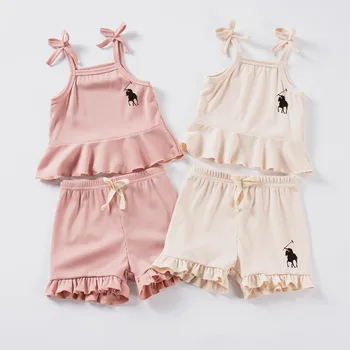 2024 Summer Baby Girl Breathable Printed 2pcs Camisole Bow Tops + Casual Shorts Set Cute Small Fresh Style Daily 1