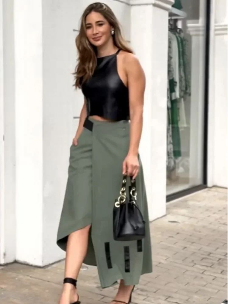 Two pcs set Pu Leather Vest Skirt Sets Women Sleeveless Cropped Tops With Split Slim Skirts Suits  New Chic Ladies Streetwear remelon solid sleeveless slim sexy two piece sets casual elegant chic waffle summer outfits for women 2023 o neck vest short set