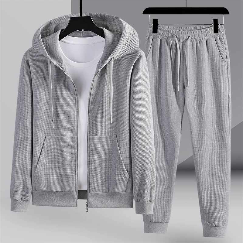 

2023 New Mens Waffle Two Pieces Set Zipper Hooded Coat Slim Pants Casual Solid Outfit Set Fashion Streetwear Autumn Men's Sets
