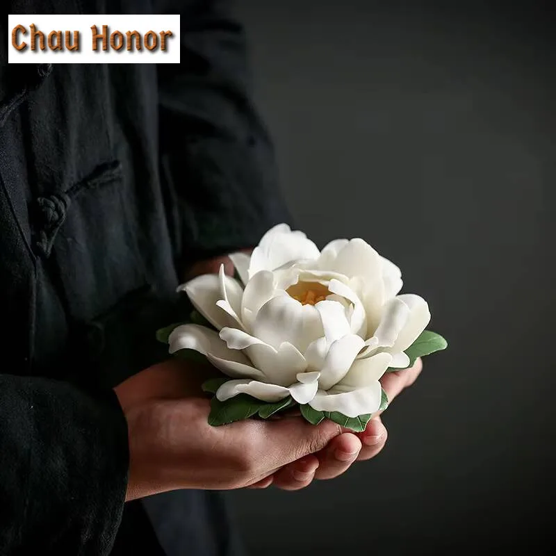 Ceramic White Peony Incense Burner Handmade Household Decor Incense Stick Holder Buddhist Incense Chinese Tea Ceremony Ornaments