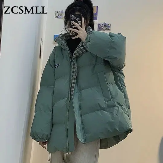 

ZCSMLLKorean Plaid Bread Coat Women's Winter New Student Loose and Versatile Thickened Stand-up Collar Cotton Coat Women 2022