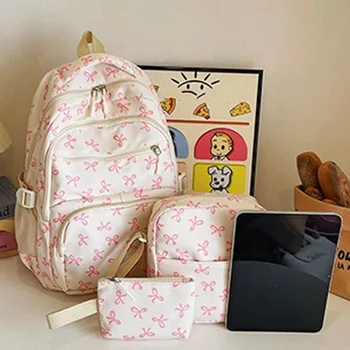 3Pcs Set Cute Large Capacity Backpack Korean Fashion Bow Print Bag Nylon Bags Student Schoolbag Adjustable Strap Travel Backpack 1