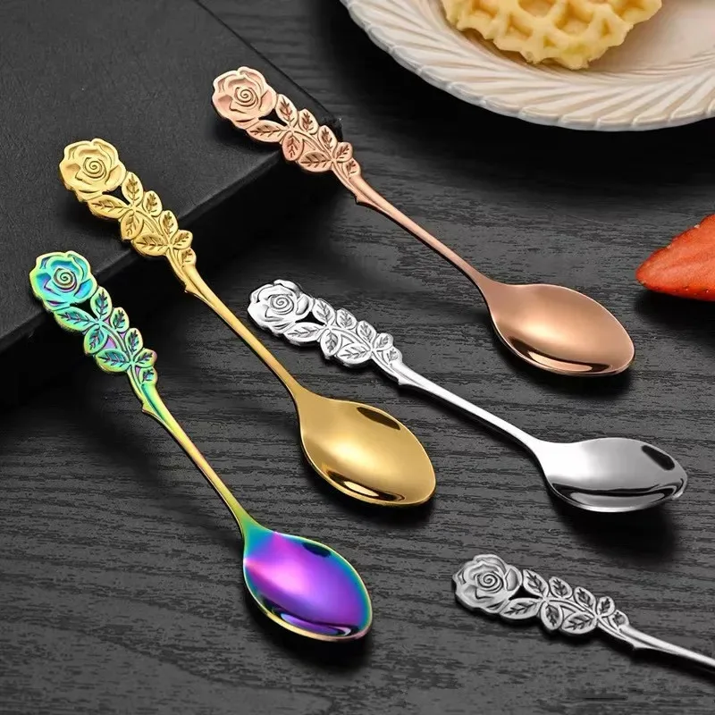 Stainless Steel Spoon Stainless Steel Fork Tea Spoon Rose Flower Head Stainless Steel Coffee Spoon Fruit Dessert Fork Mixing Sppons for Kitchen Hotel