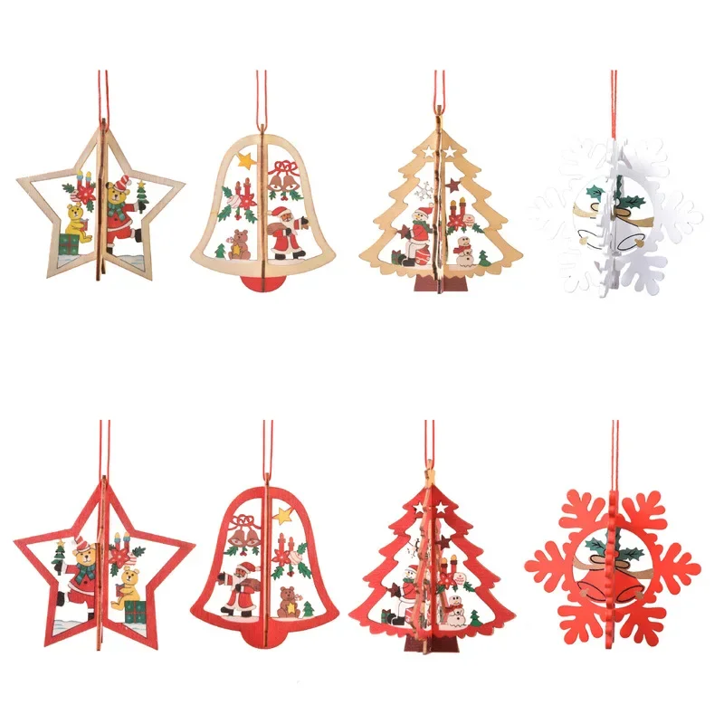 Christmas Wooden Hollow Christmas Tree Snowflake Ornament 3D Christmas Bell Pentagram Ornament Home Holiday Party Decoration