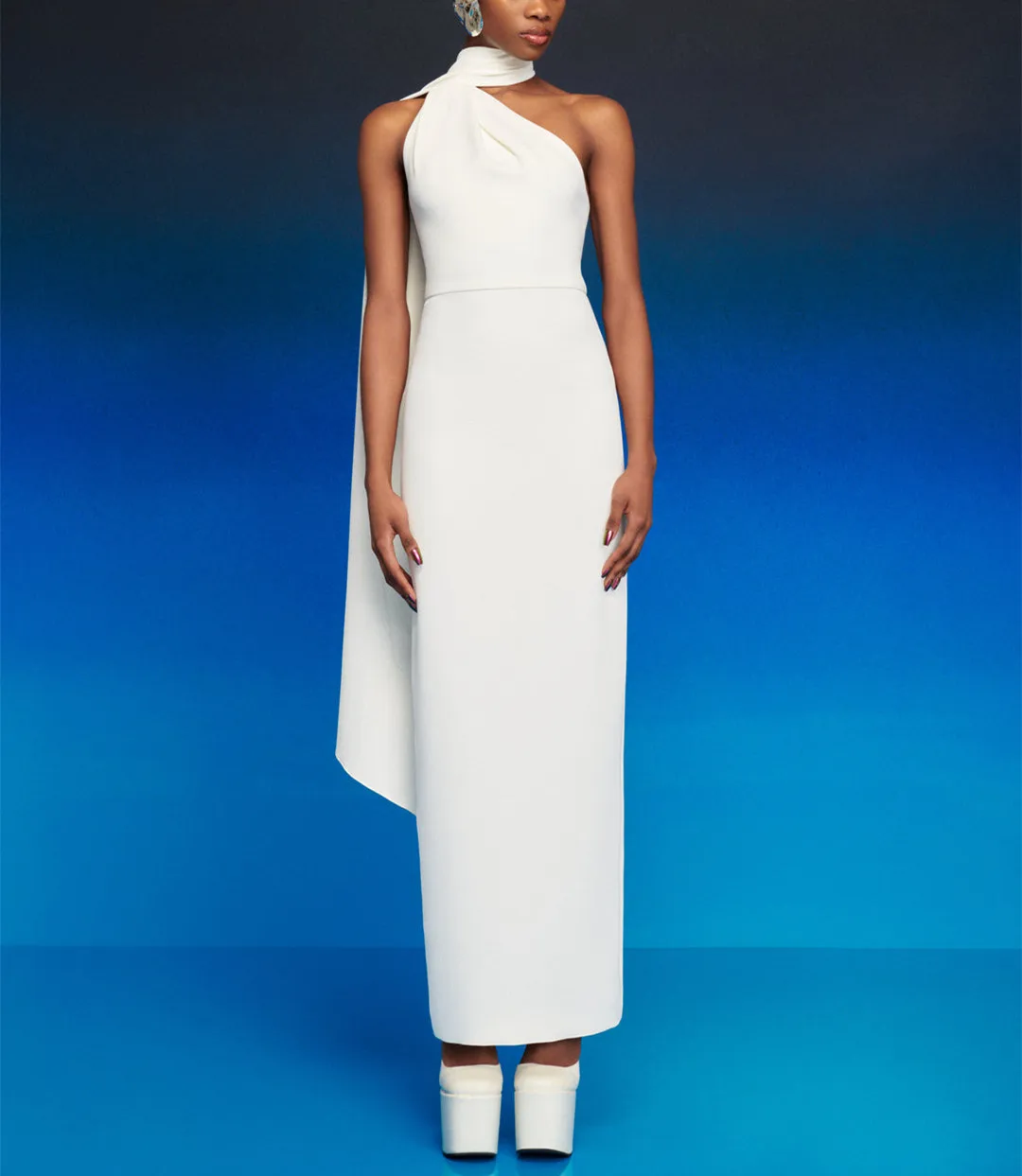 

Elegant Long Ivory Crepe Evening Dresses With Slit Sheath High Neck Pleated Zipper Ankle Length Prom Dresses for Women