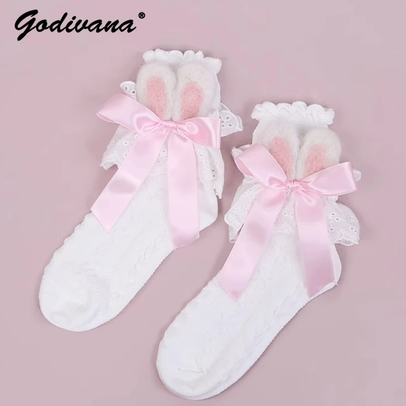 Spring and Autumn New Rabbit Ears Bow Bunching Socks Sweet Cute Girl Pure Color All-Matching Cotton Short Socks Kawaii Socks