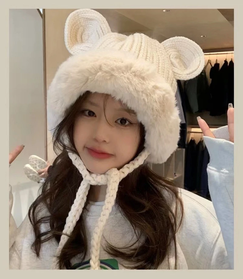 

Women Girls Winter hat Cute Bear Ears Beanie Hat sweet Lovely Female Plush Warm windproof Knitted hat little bear women's cap