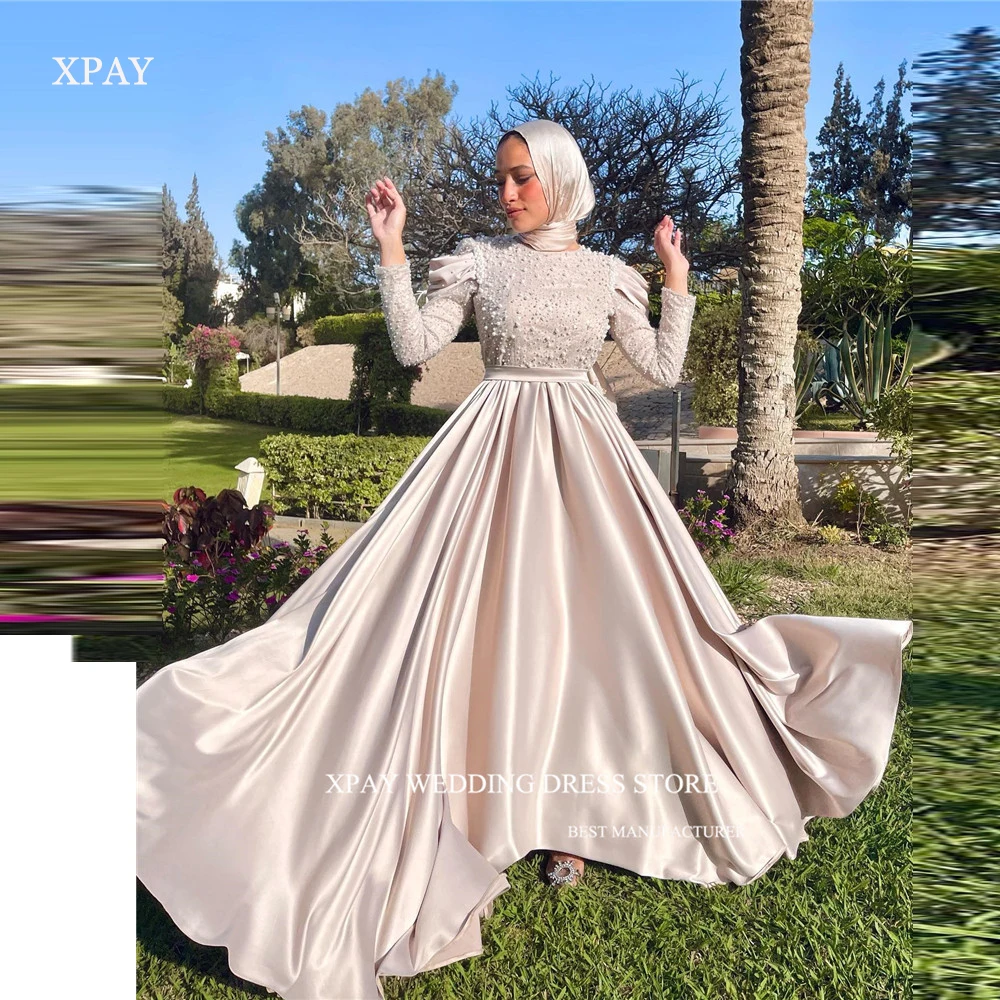 

XPAY Modest Dubai Arabic Women Muslim Evening Dresses Pearls Long Sleeves O-Neck Satin Formal Occasion Prom Gowns Plus Size