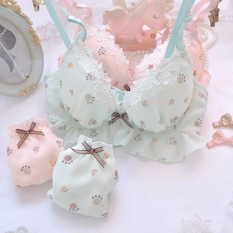 

Girls Summer Sexy Lace Bra Set V-Shaped Embroidered Thin Cup Bra Cute Lingerie Students Breathable Comfortable Ruffle Underwear