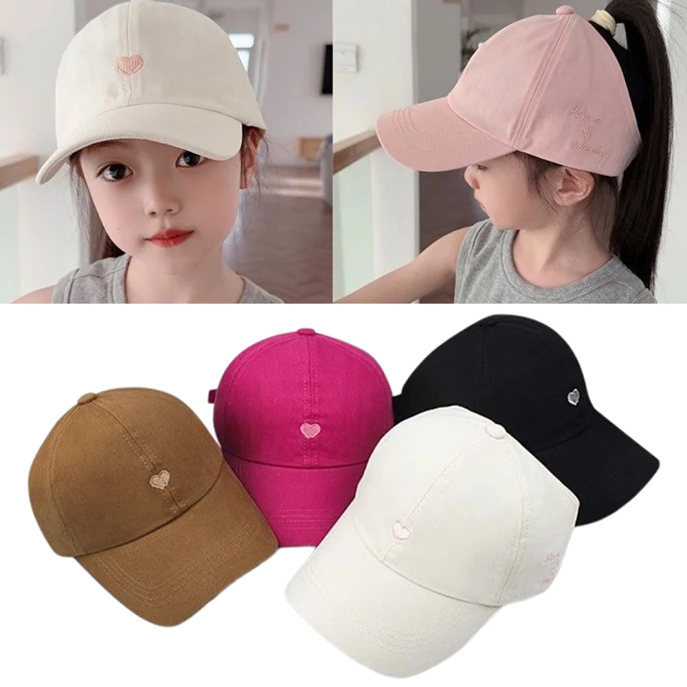 Fashion Kids High Ponytail Baseball Cap Heart Printed Travel Caps Summer Sun Visor Caps For Girls Boys Adjustable Hip Hop Hats