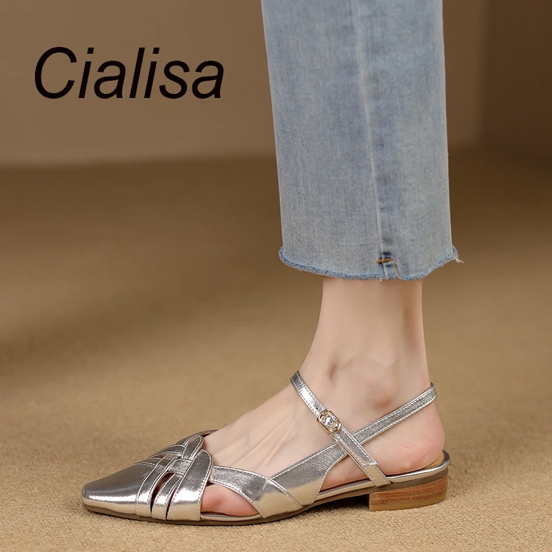 

Cialisa Flats Women Sandals 2023 Summer Shoes Fashion Pointed Toe Party Dress Silver Daily Low Heels Genuine Leather Footwear 40