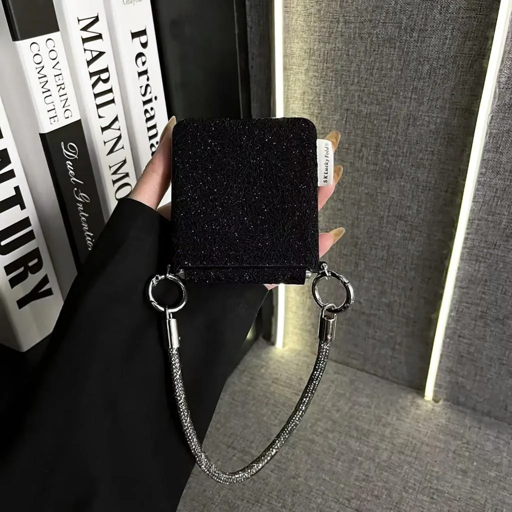 Luxury Black Glitter Lace Flowers Pattern Phone Case with Mesh Flash Rope