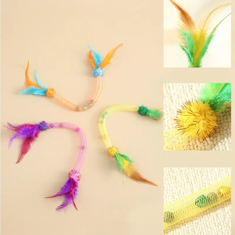 3PCS Funny Interactive Cat Toy with Feathers & Bells Catnip Elastic Rope for Kitten Play Chase Exercise Cat Toy Supplies
