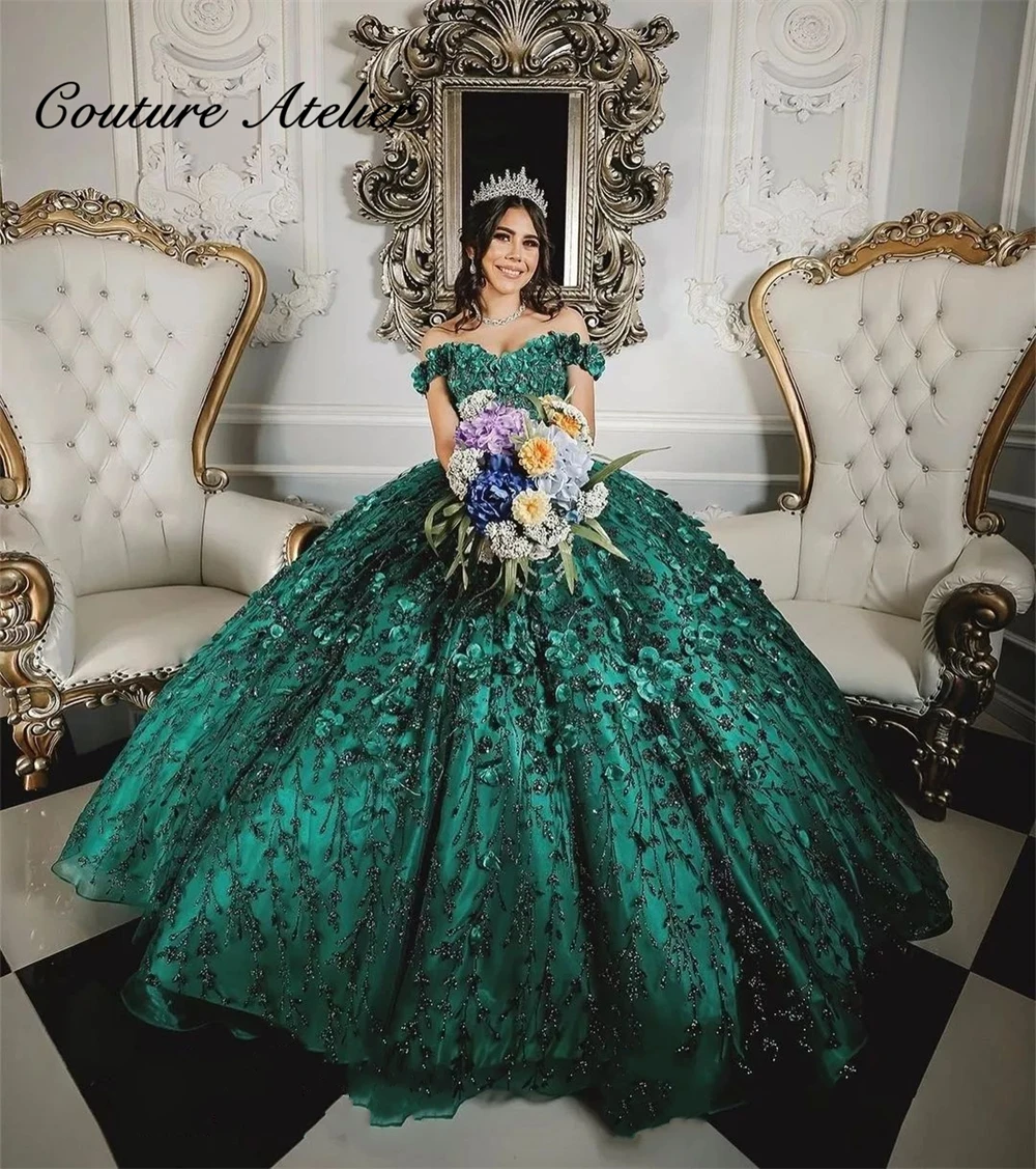 EmeraldGreenQuinceaneraDressesBallGownBirthdayPartyDressLace