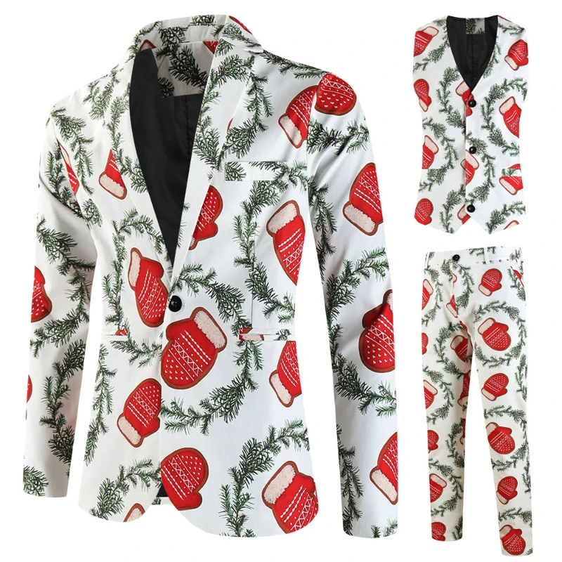 Merry Christmas Printed 3 Piece Suits Sets Men （ Blazers + Vest + Trousers ） Funny Xmas One Button Mens Blazer Set Plus Size 4XL