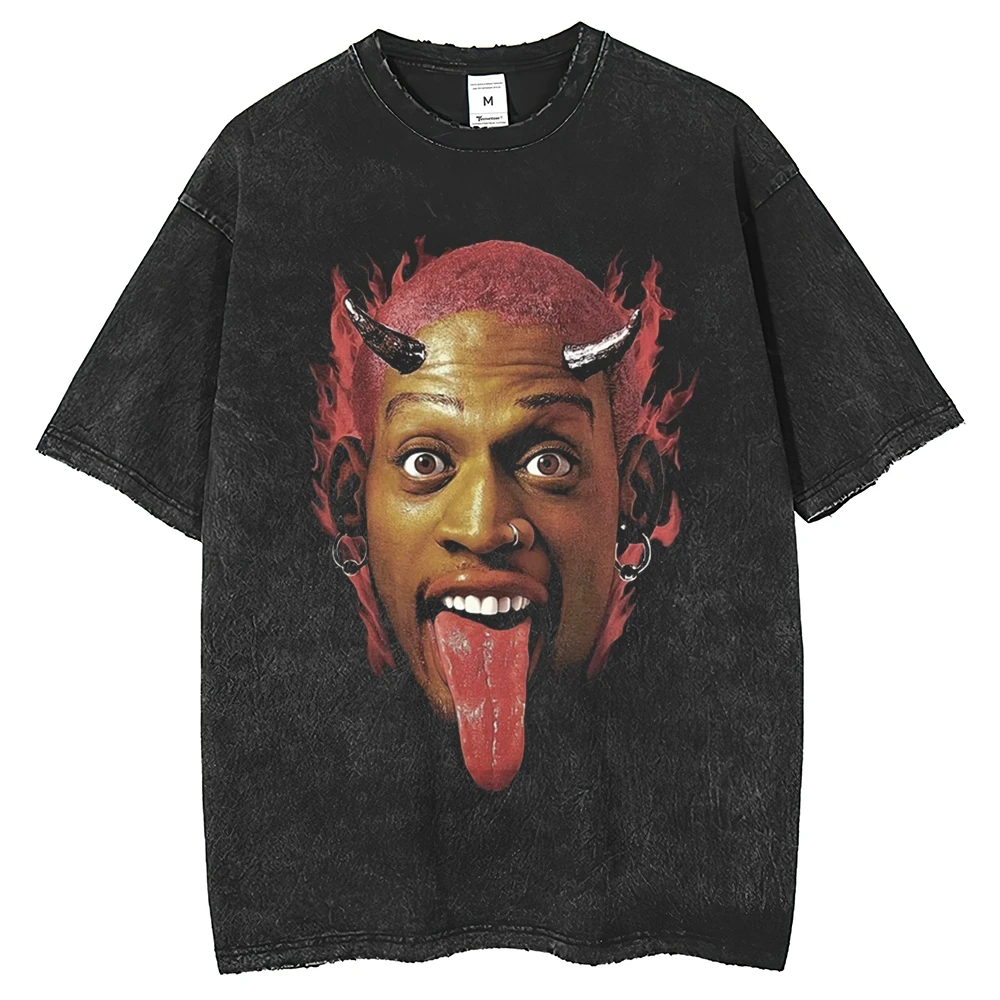 High Street Mens Washed Clothing Dennis Rodman Printing Casual Cotton