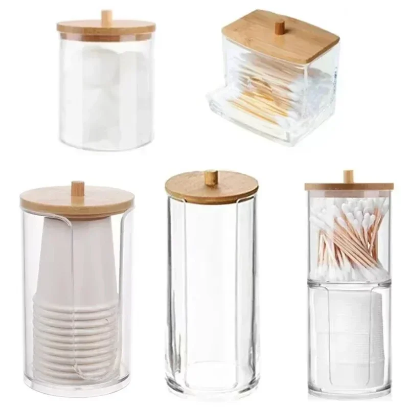 Acrylic Storage Box Bathroom Jar Makeup Organizer Cotton Round Pad Holder Cotton Swab Box Qtip Holder Dispenser with Bamboo Lid 2