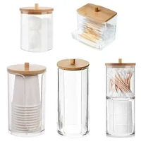 Acrylic Storage Box Bathroom Jar Makeup Organizer Cotton Round Pad Holder Cotton Swab Box Qtip Holder Dispenser with Bamboo Lid 2