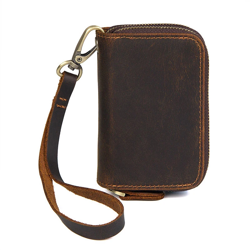 Vintage Leather Card Case & Coin Purse with Hand Strap - Double Zipper Clutch Bag