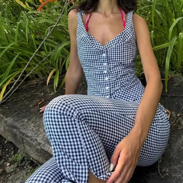 Colleen Plaid Lapel Sleeveless Pant Set 2