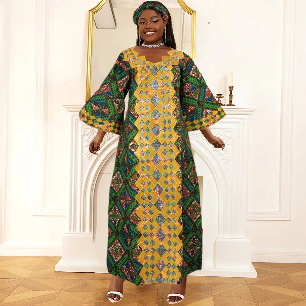 African Clothes for Women 2024 Plus Size Dashiki Ankara Embroidery Bazin Riche Design Wedding Party Dresses with Headscarf New