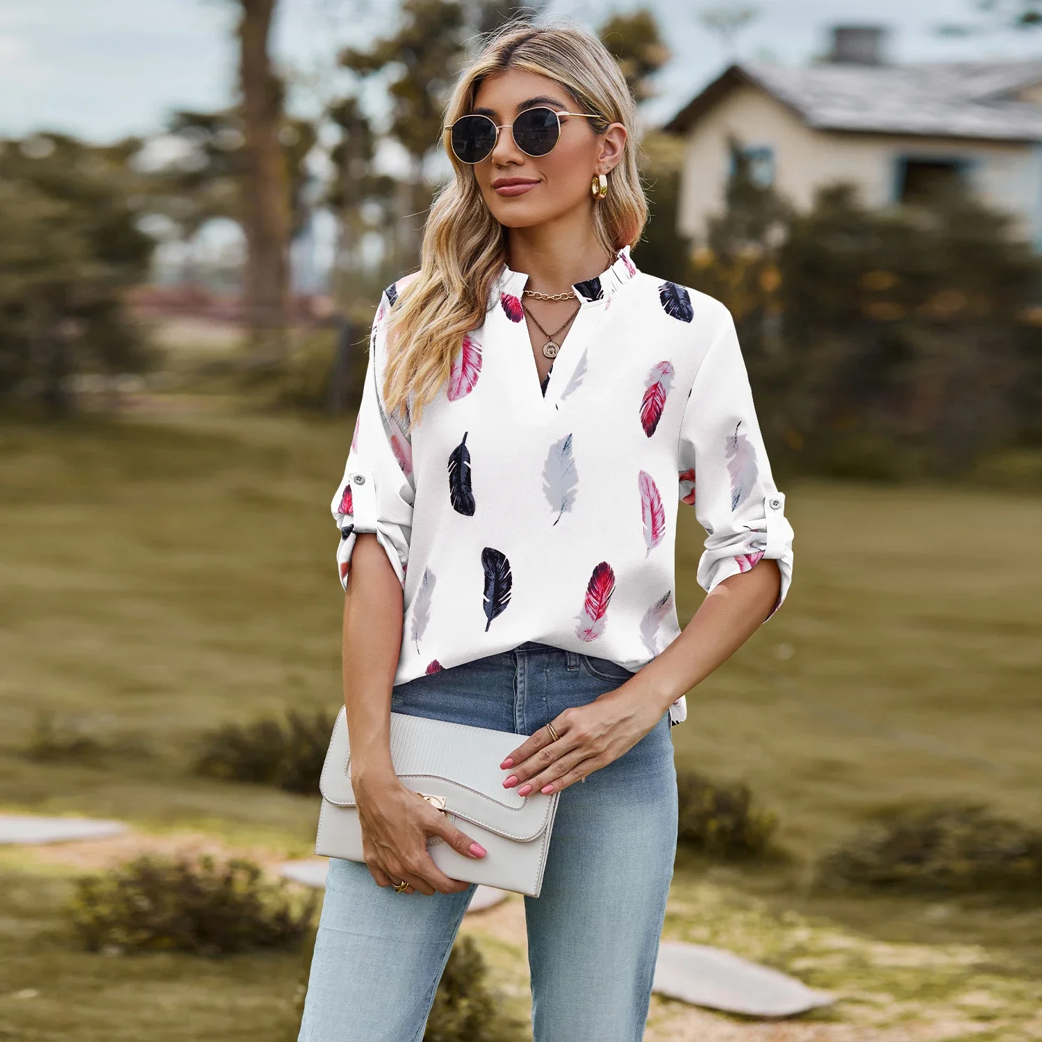 Fashion Woman Blouse Shirts For Women Stylish Top Half Sleeve Feather Pattern White Female Tops Chiffon Women's Autumn Clothing floral fishing vacation harajuku oversized casual hawaiian y2k fashion summer pattern stylish elegant shirts for men clothes