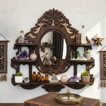 Mensole Galleggianti da Parete, Mensola in Legno con Specchio per Esposizione Cristalli, Arredamento Gotico, Accessori Boho per Soggiorno