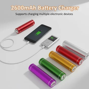 Power Bank portatile cilindrico in lega di alluminio, batteria di alimentazione mobile con cavo USB, caricabatterie da 2600mAh per cellulari.