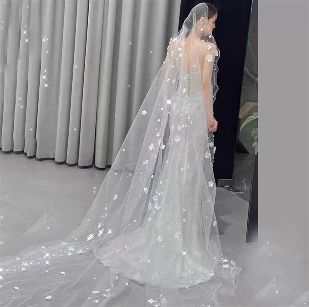 

White Ivory Printed Flowers Wedding Veils for Bridal Cathedral Lace Train Bride Tulle Wedding Accessories With Comb طرحة العروس