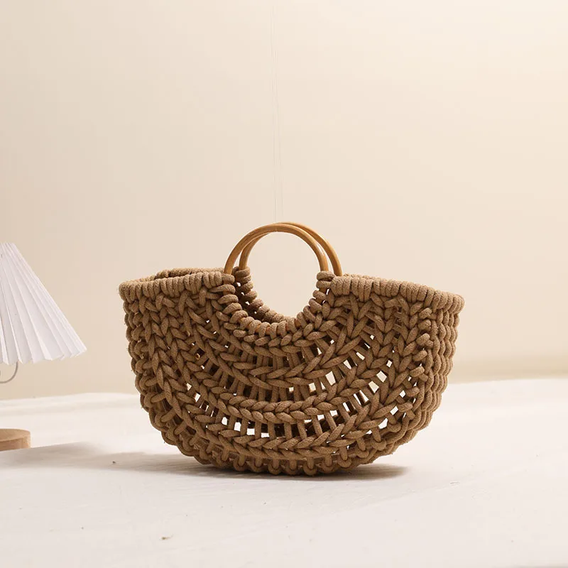 Cotton thread rope wood Bag Women Hand-Woven Handbag Moon Shape Rattan Bag Drawstring Casual Beach Shoulder Crossbody Bag