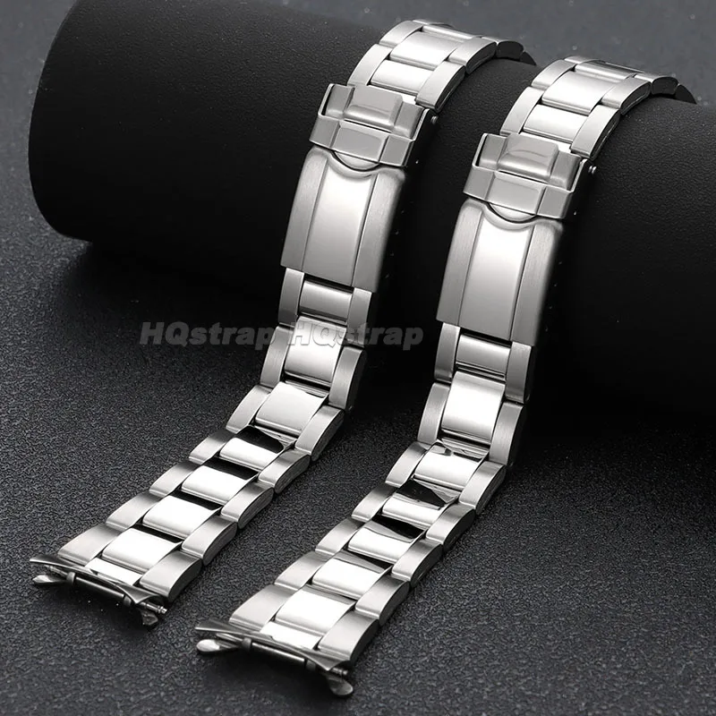 Elegant Curved End Stainless Steel Watch Band with Deployment Clasp - Durable Metal Strap