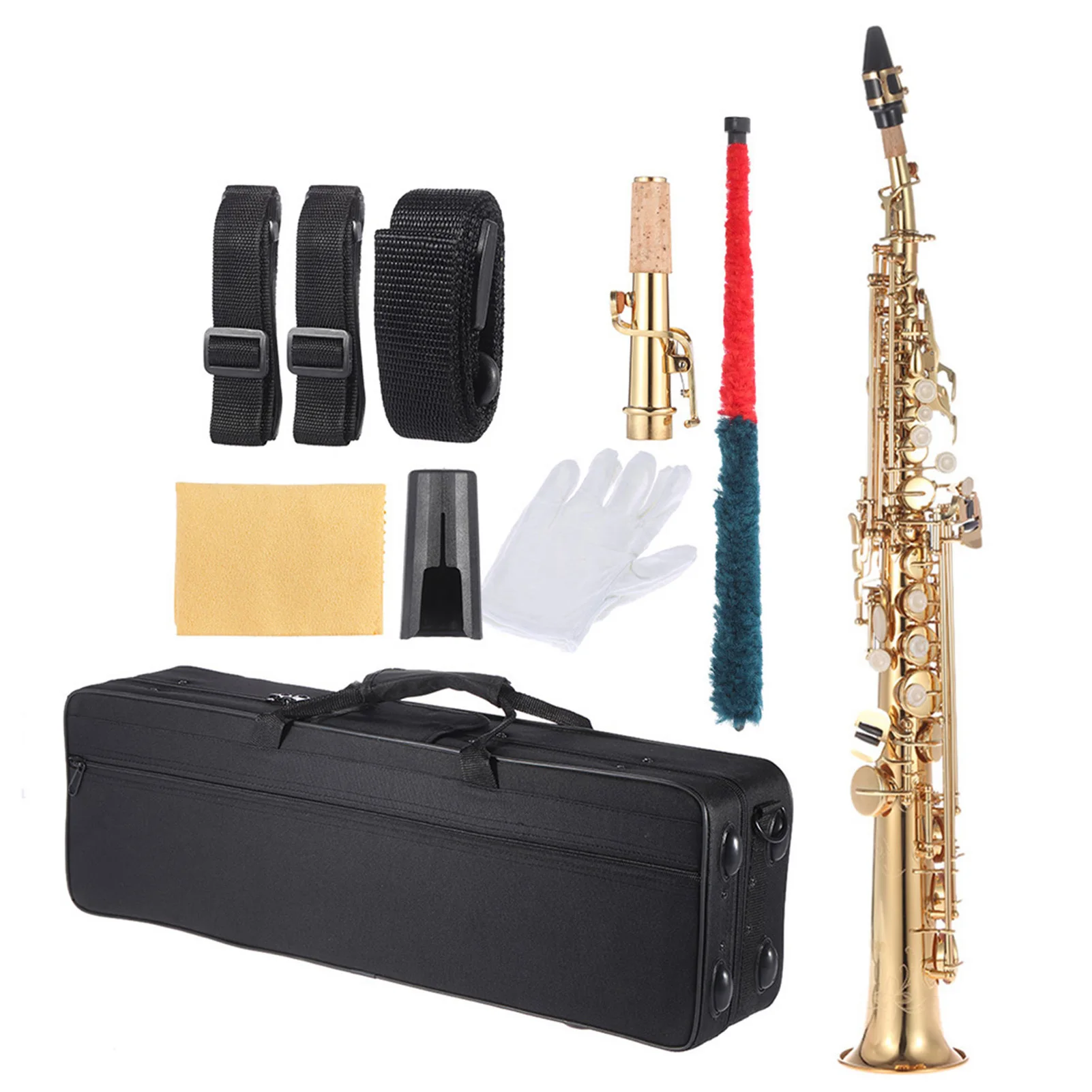 Saxophone Musical Instrument Brass Straight Soprano Bb BFlat Woodwind Natural Shell Key Carve Pattern Carrying Case Sax Accessories