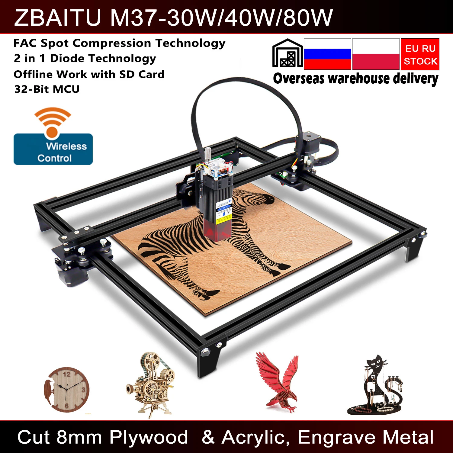 ZBAITU Laser 30/40/80W Engraving Cutting Machine -32 bit CNC Carving Cutter Laser Engraver Cut 10mm Wood FAC Offline mobile woodworking bench