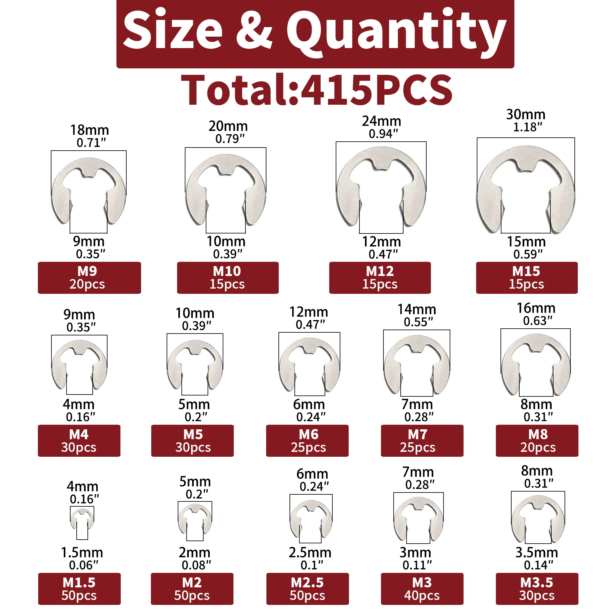 304 aco inoxidavel c clip kit 14 tamanhos sae circlip s 415pcs 01