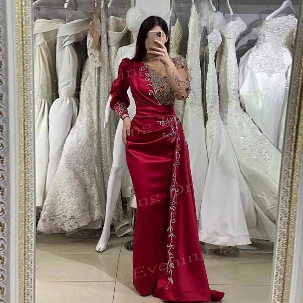

2024 Beautiful Red Women's Mermaid Generous Evening Dresses Classic Appliques Long Sleeve Prom Gowns Pleated Vestido De Festa