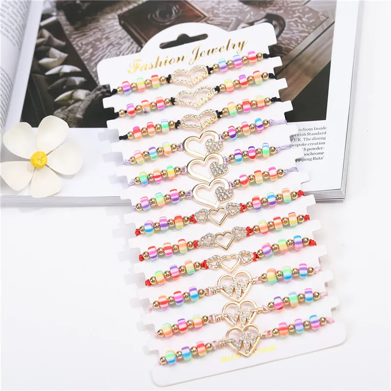 

12pcs/set Heart Charms Bracelet Set Candy Color Clay Beads Adjustable Bracelets For Women Braided Rope Wristband Jewelry Gifts